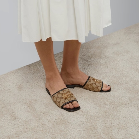 GUCCI Monogram Matelasse GG Marmont Flat Slide Sandals Beige Ebony Mystic White - Picture 14 of 15